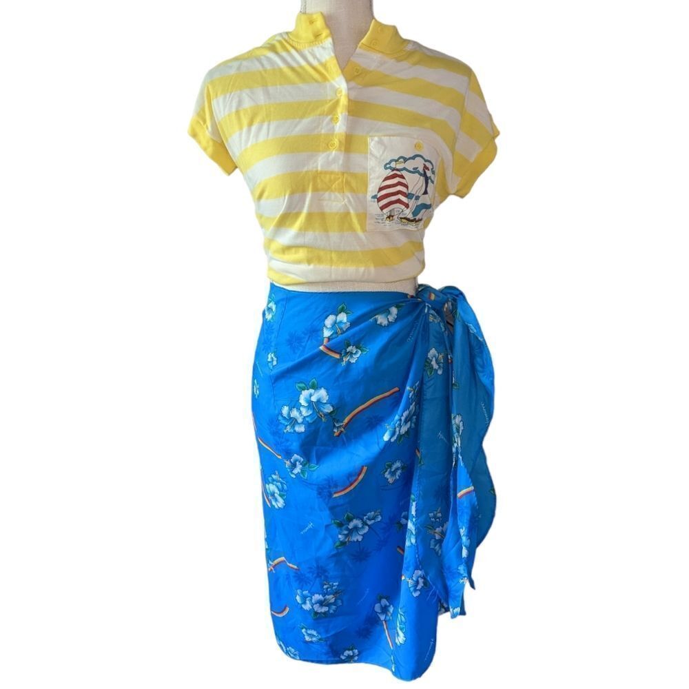 Fashions of Hawaii vintage‎ blue floral and rainbow print wrap skirt